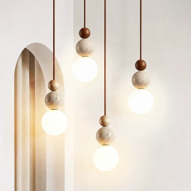 Sonara | Pendant Light with Spherical Wood and Concrete Details