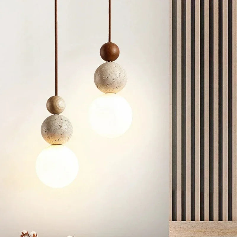 Sonara | Pendant Light with Spherical Wood and Concrete Details